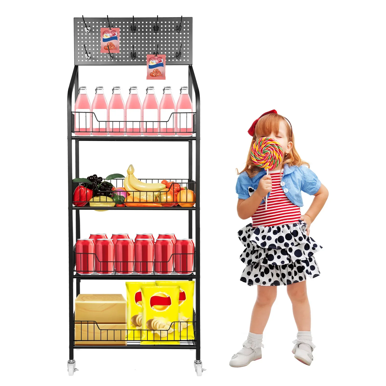 

4 Tier Metal Wire Storage Shelf Display Rack with Wheels Black Stand Supermarket Retail Display Rack for Snacks Fruits Tools