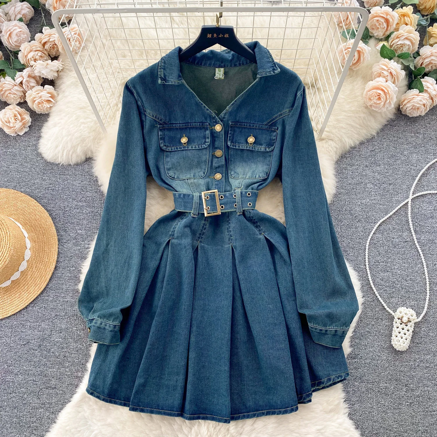 Autumn New Women's Denim Dress Vintage Laple High Waist Long Sleeve Dresses Temperament Female Mid-length Slim Pleated Vestidos