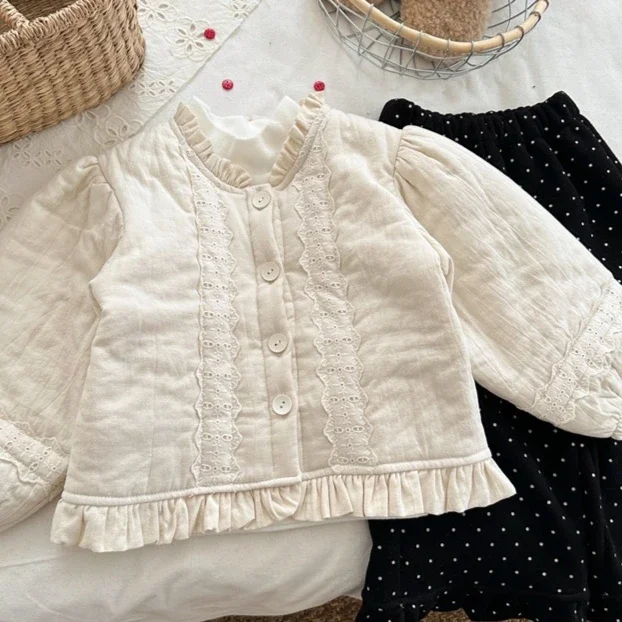 

Детская хлопковая одежда для девочек, осень-зима 2025, новинка, в корейском стиле, с милыми оборками на рукавах