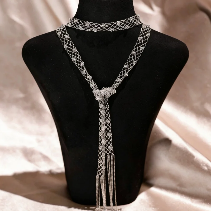 BELLUX Medium Width Italian Lace White Crystal Tassel Long Scarf Necklace Vintage Multi Wear Sweater Chain