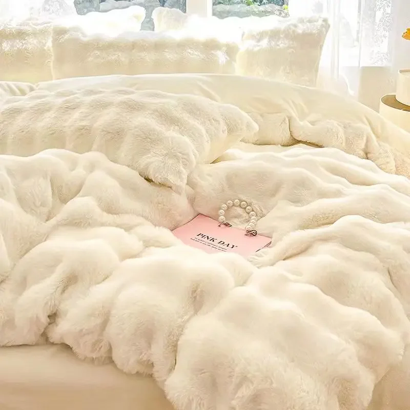 Bed Skirt Quilt Cover Winter Flannel Double-sided Fleece Bedding Set Thickened High-end Milk Fleece Four-piece Set Rabbit Fleec