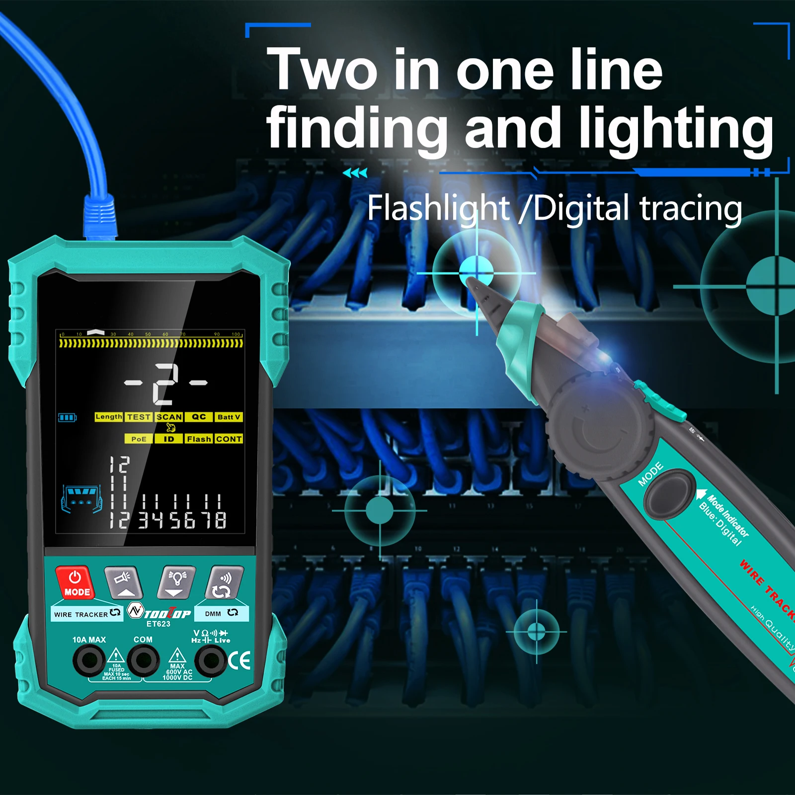 TOOLTOP ET622 ET623 Network Cable Tester POE Test RJ45 Cable Tracer AC/DC Multimeter Cable Continuity Ethernet Cable Checking