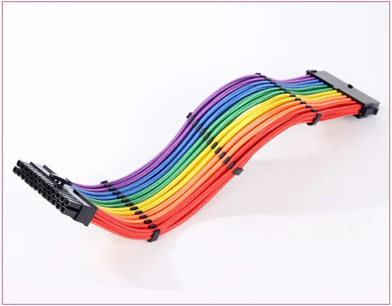 Placa base de chasis de ordenador, adaptador de Cable de fuente de alimentación de 24 Pines, red trenzada de nailon arcoíris, Cable de extensión de alimentación de 24P, 30cm, 1 pie