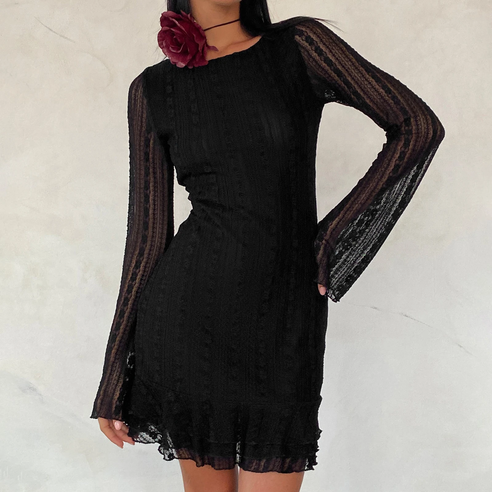 

Women's Lace Mini Dress Vintage Long Sleeve Open Back Lettuce Trim Solid Color Short Dress Clubwear