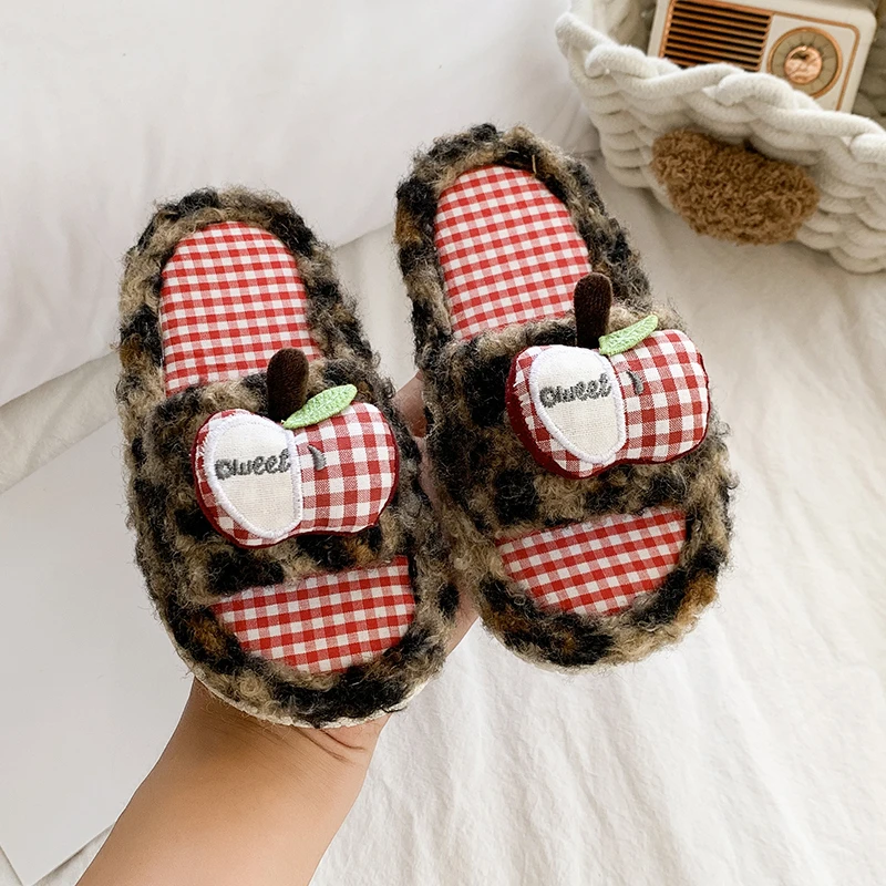 Winter Girls Embroidered Cotton Slippers New Warm Fluffy Children Leopard Flat Shoes for Home Soft Kids Open-toe Plush Slippers - view 6