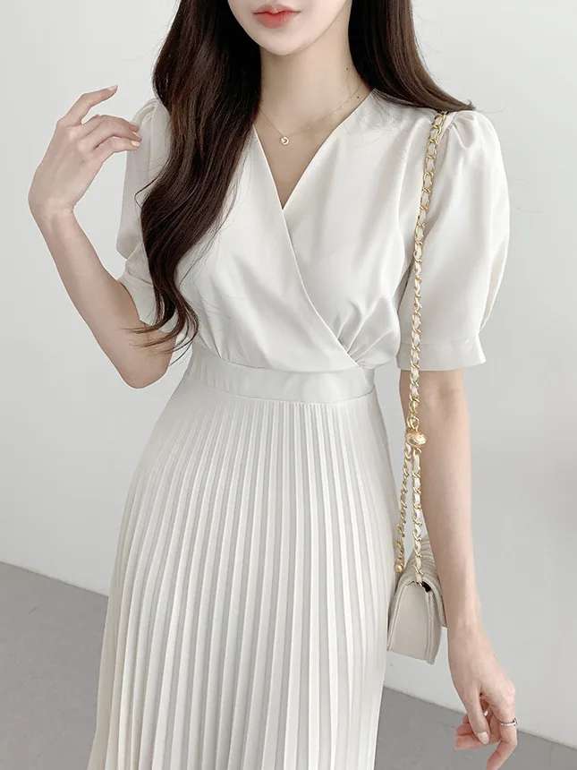 Vestido Psado F Novo de Verão com Decote em V, Manga Bufante, Cintura Ajustada, Estilo Midi Slim A-Line, Espura ...