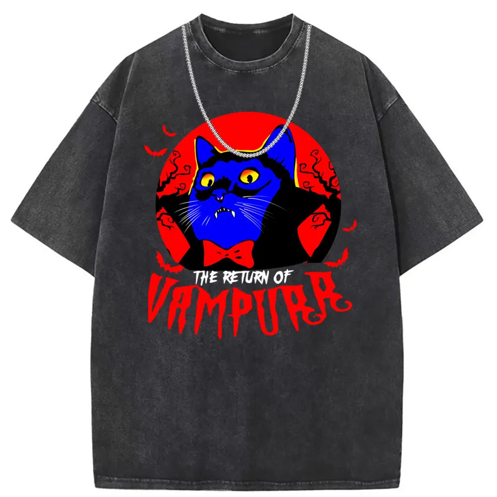 Vampire Cat Halloween Cool Tshirt 2023 New Listing Summer Fall Long Sleeve Tshirt Washed Women Fitness Vintage Sweatshirts