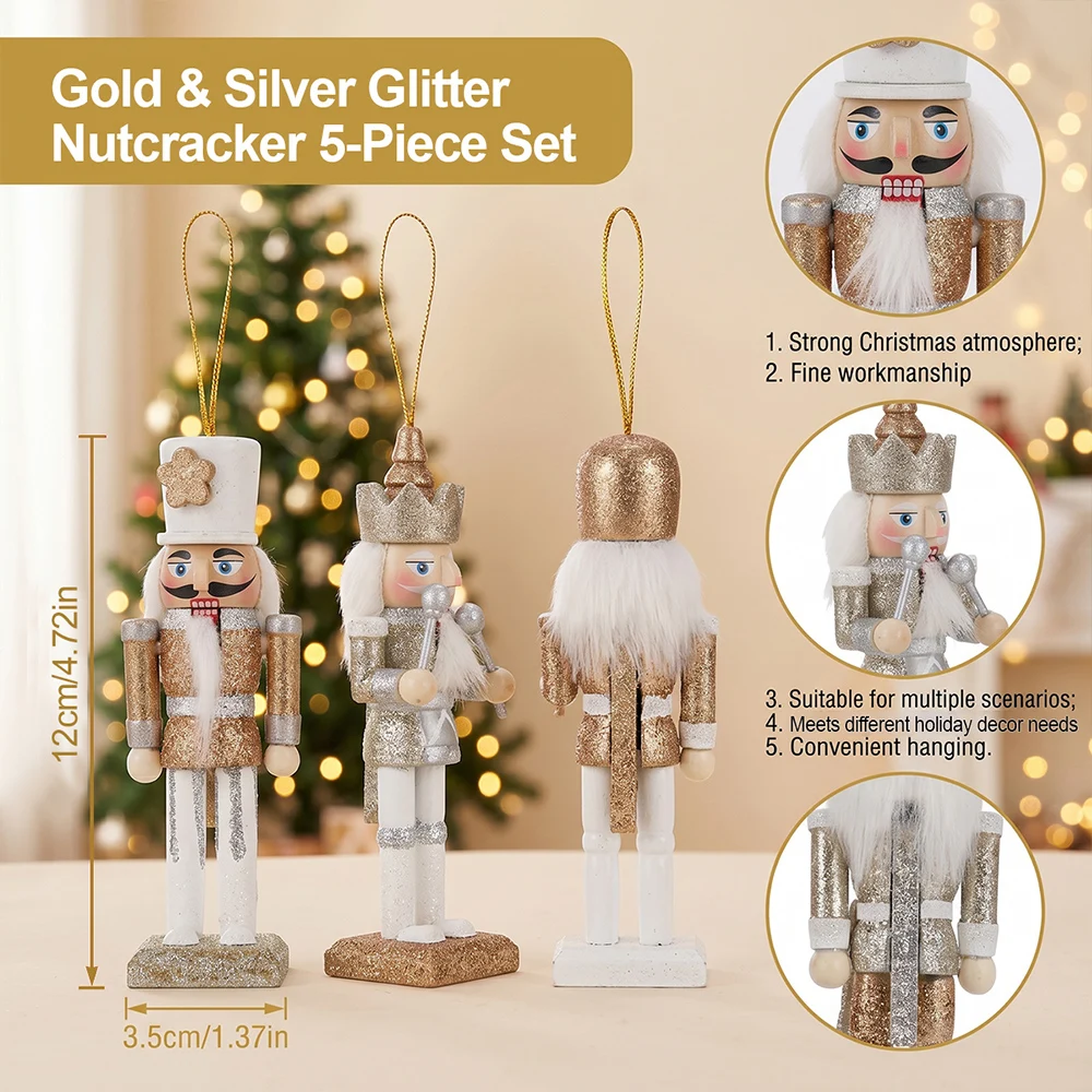 5 Stück 12cm Nussknacker-Puppen aus Holz, Handgefertigte Soldatenfiguren, Tischdekoration, Christbaumanhänger, Weihnachts- und Neujahrsdekoration – Detail 5