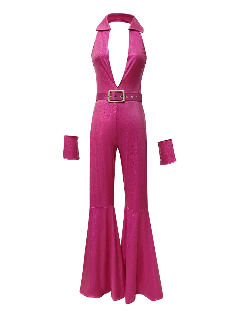 Disco Jumpsuit Hippie Costumes Pie Retro Disco Bidtsyut Pink Hip Hop Flare Bottoms Glitter Jumpsuit Belt and Wrist Strap