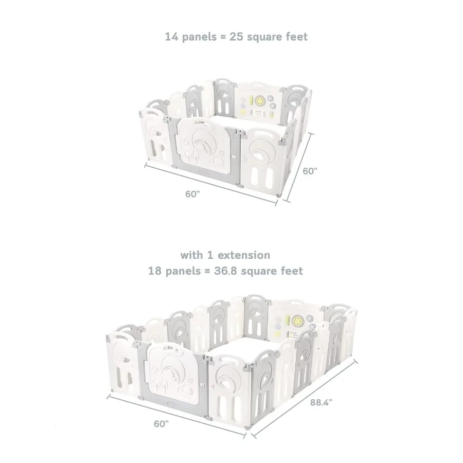 Cercadinho dobrável com extensão de 4 painéis para uso interno e externo inverno 2021 novo modelo em cinza branco portátil e fácil de configurar