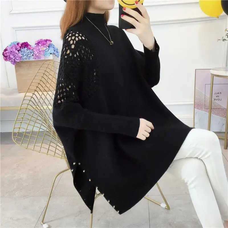 Autumn and winter loose bat pullover half high neck knitted sweater women\'s new shawl cape nail bead hook flower coat