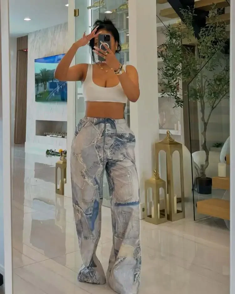 Modne, nieregularne spodnie damskie na lato z nadrukiem, patchworkiem, wysokim stanem i sznurkiem, streetwearowe spodnie damskie.