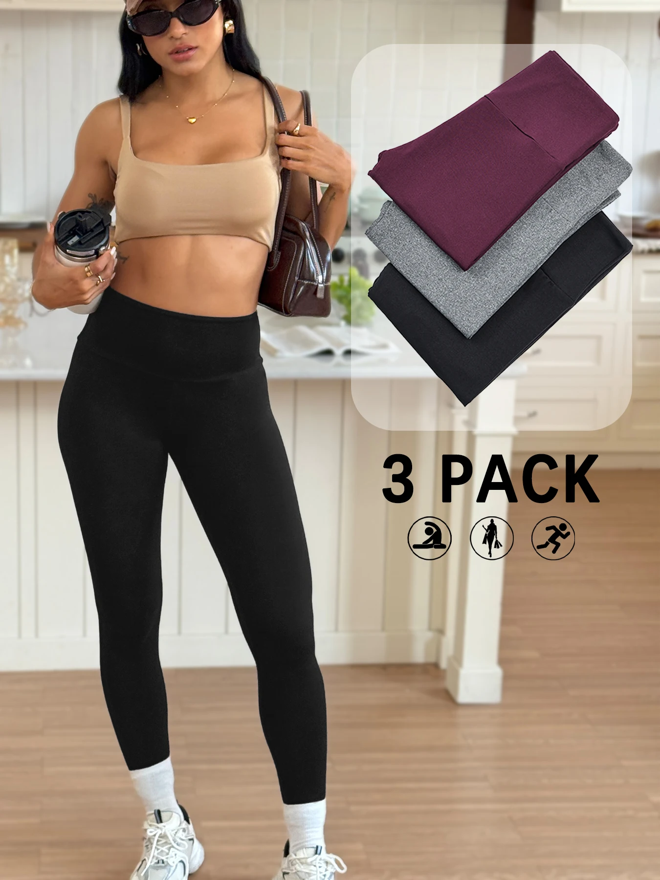 

3 pack Super Soft High Waisted Leggings for Women - Tummy Control Comfort Fit for Yoga Running and Casual Daily Wear