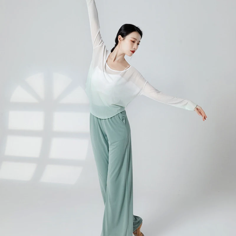 Women Modern Dancing Suit Summer Gradient Tops Wide Leg Chiffon Pants Practice Dance Pants Performance Classical Dancing Wear