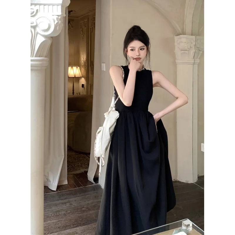 Women's Minimalism Black Sleeveless O-neck Midi Dress Hollow Out Flared A-line Skirt Elegant Vintage Commuted Dress For Summer
