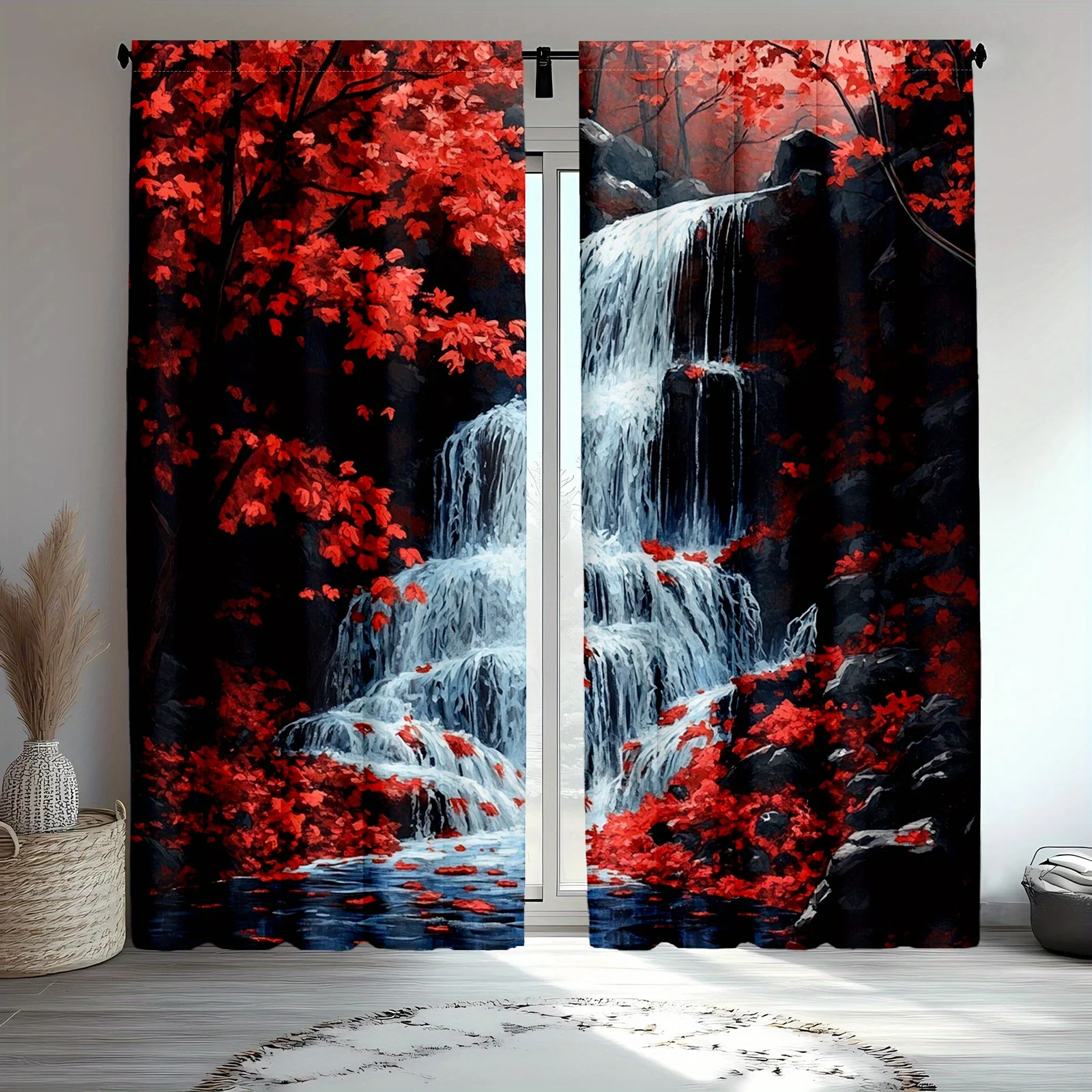 Large Scenic Waterfall Curtains Red Autumn Leaf Print Blackout Drapes for Bedroom Living Room Home Decor