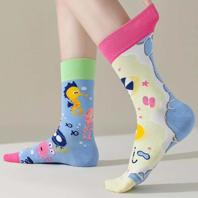 【1 Pair】New Design Creative Irregular AB Style Unisex Socks for Men Women Cotton Funny Crew Socks Street Fashion Socks