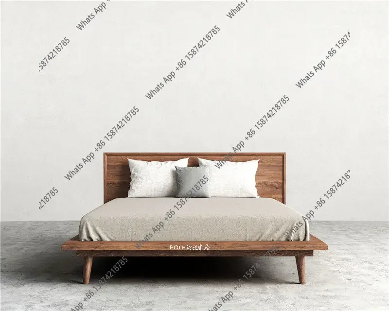 n-J Nordic Home Black Walnut Double Bed American Country Flat Bed Japanese Pure Solid Wood Bed Nordic Hard Minimalist Italian Mi