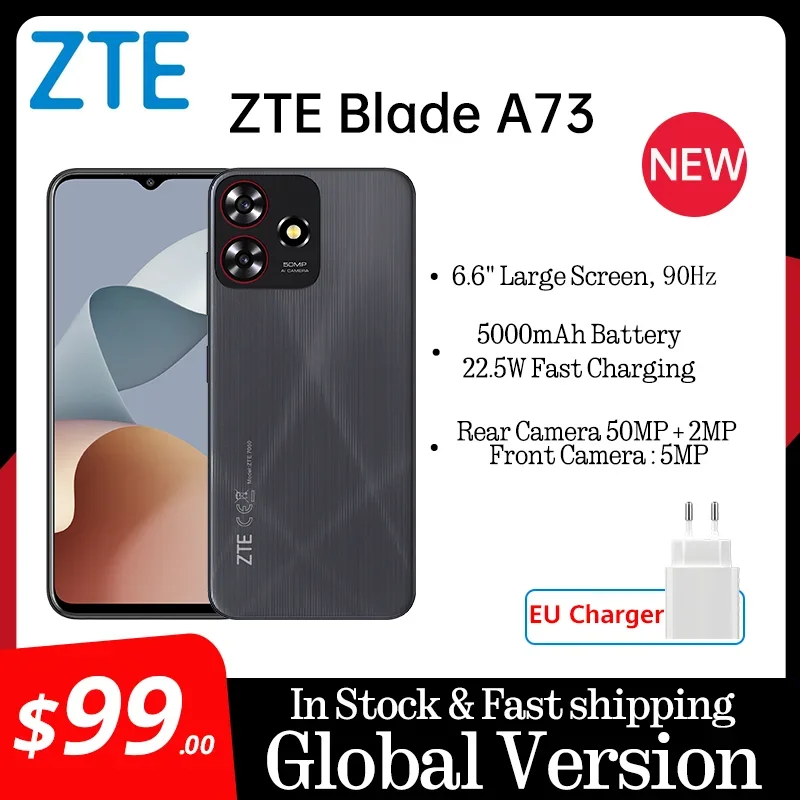 Versión Global ZTE Blade A73 6,6 "pantalla grande 5000mAh batería 50MP Al Camera128GB gran almacenamiento 22,5W carga rápida