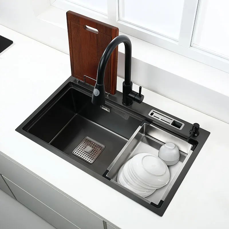 Hohes und niedriges Küchenspüle mit Messerhalter, Schneidebrettregal aus Edelstahl, mattschwarzes Spülbecken für Gemüse, Waschbecken
