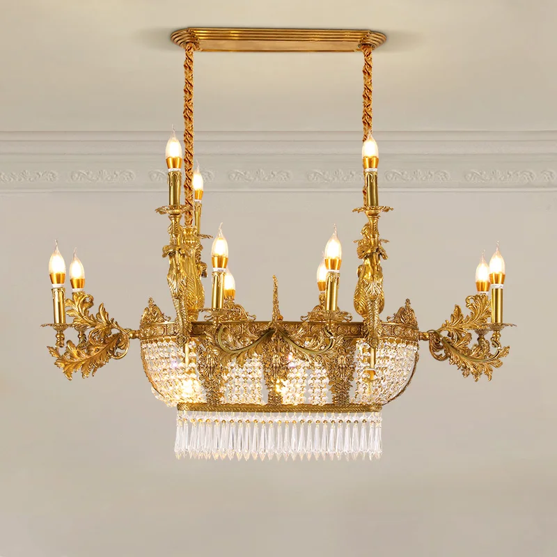 European Brass Crystal Candle Chandelier Hotel Banquet Hall Villa Dining Room Table Kitchen Island French Copper Pendant Lamp