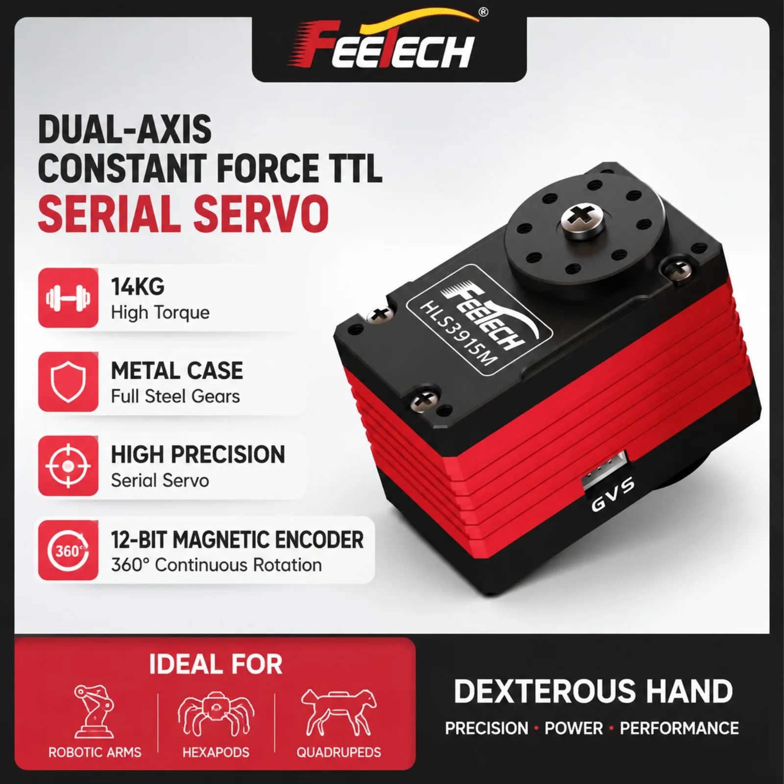 

Feetech HLS3915M 12V 14KG Dual Shaft Constant Force TTL Serial Bus Servo Coreless Motor 360 Degree for Robot Arm DIY Projects