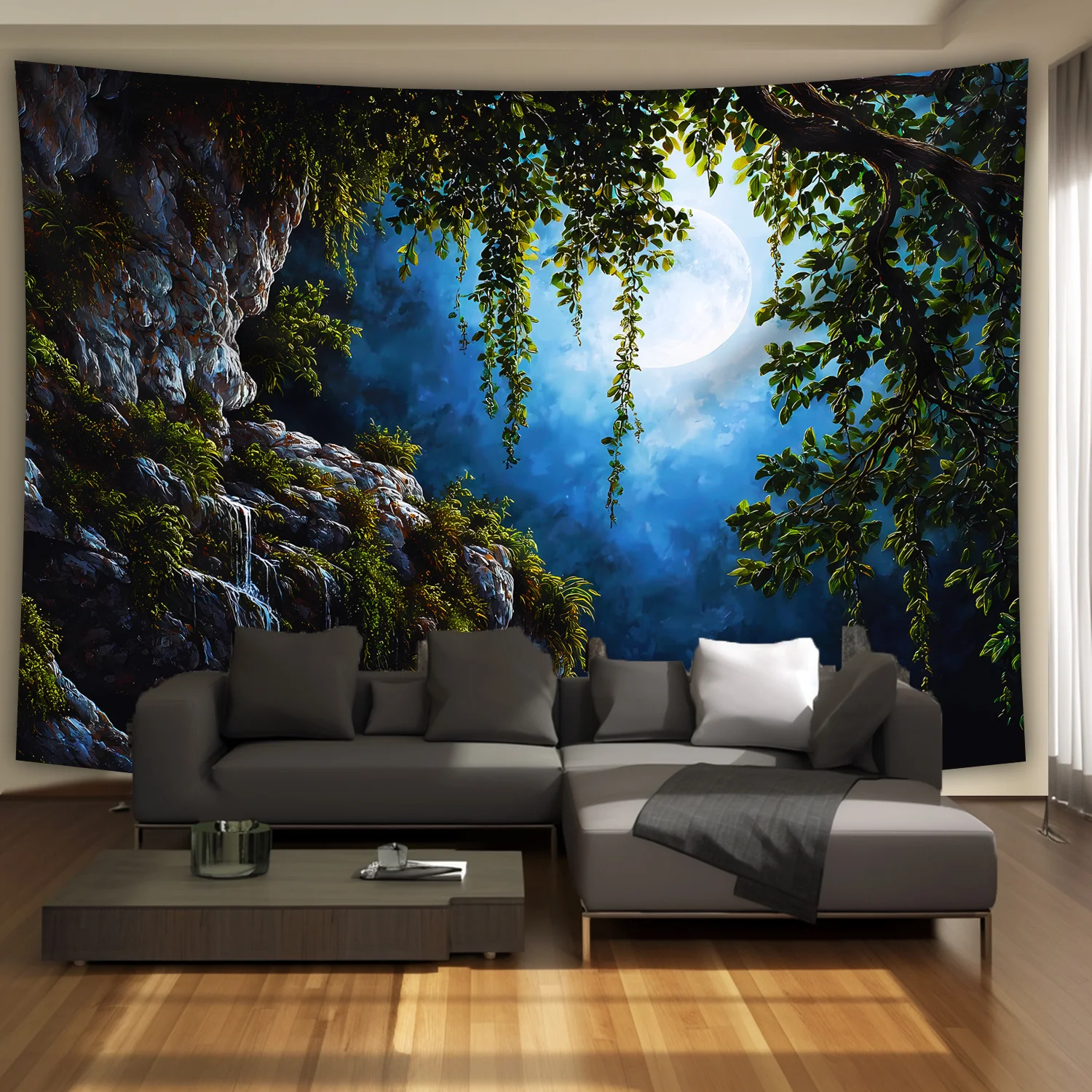 1pc Ultra Large Peaceful Forest Moonlit Rocks Waterfall Landscape Tapestry - Premium Polyester HD Digital Print, Wrinkle-Resista