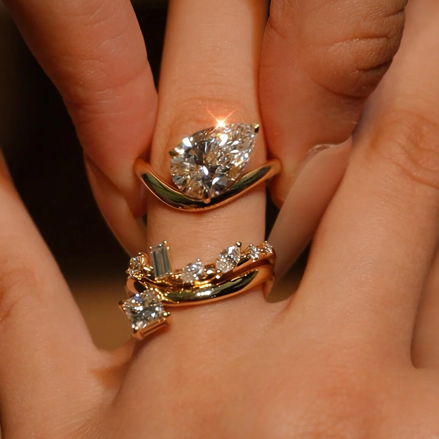 Stacked Style Fashion 3-Piece Set Ring Creative Design Sparkling Inlaid Water drop Diamonds rings for women Adjustable Jewelry
