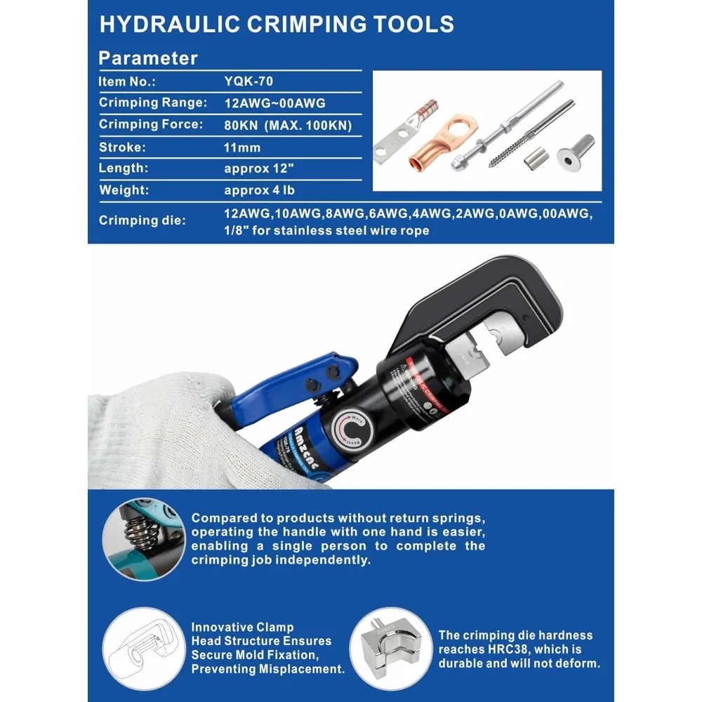 Hydraulic Crimping Tool and Cable Cutter Hydraulic Cable Lug Crimper 8 US TON 12 AWG to 00 (2/0) Electrical Terminal Cable