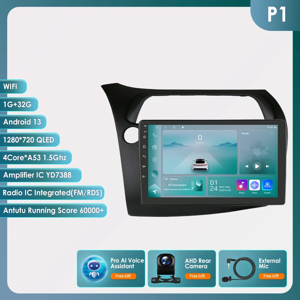 Android13 Autoradio Voor Honda Civic Hatchback 2005-2011 Auto Multimediaspeler Draadloze Carplay 4G-Let 2din Autoradio 360Camera
