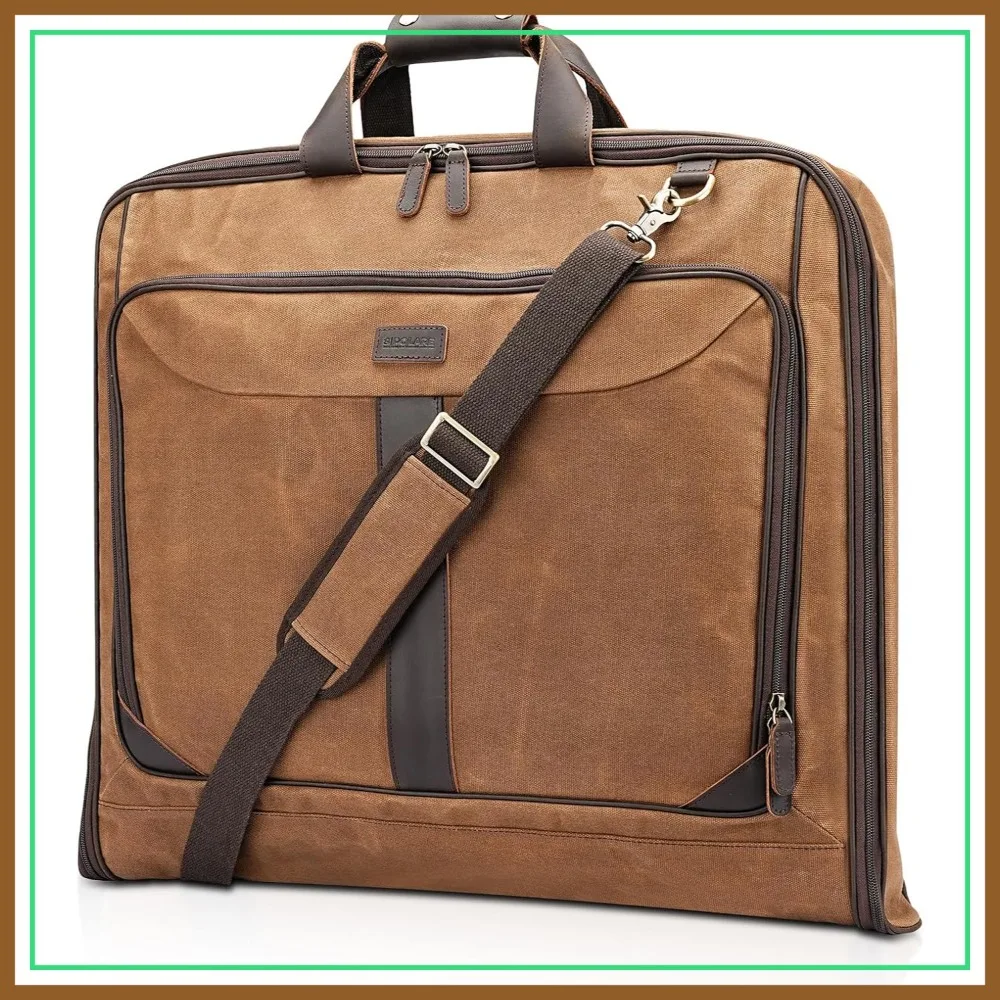 

Waterproof Hanging Suit Bag for Business Travel, Waxed Canvas with Leather Trim, YKK Zipper, Shoulder Strap, Wrinkle-Free