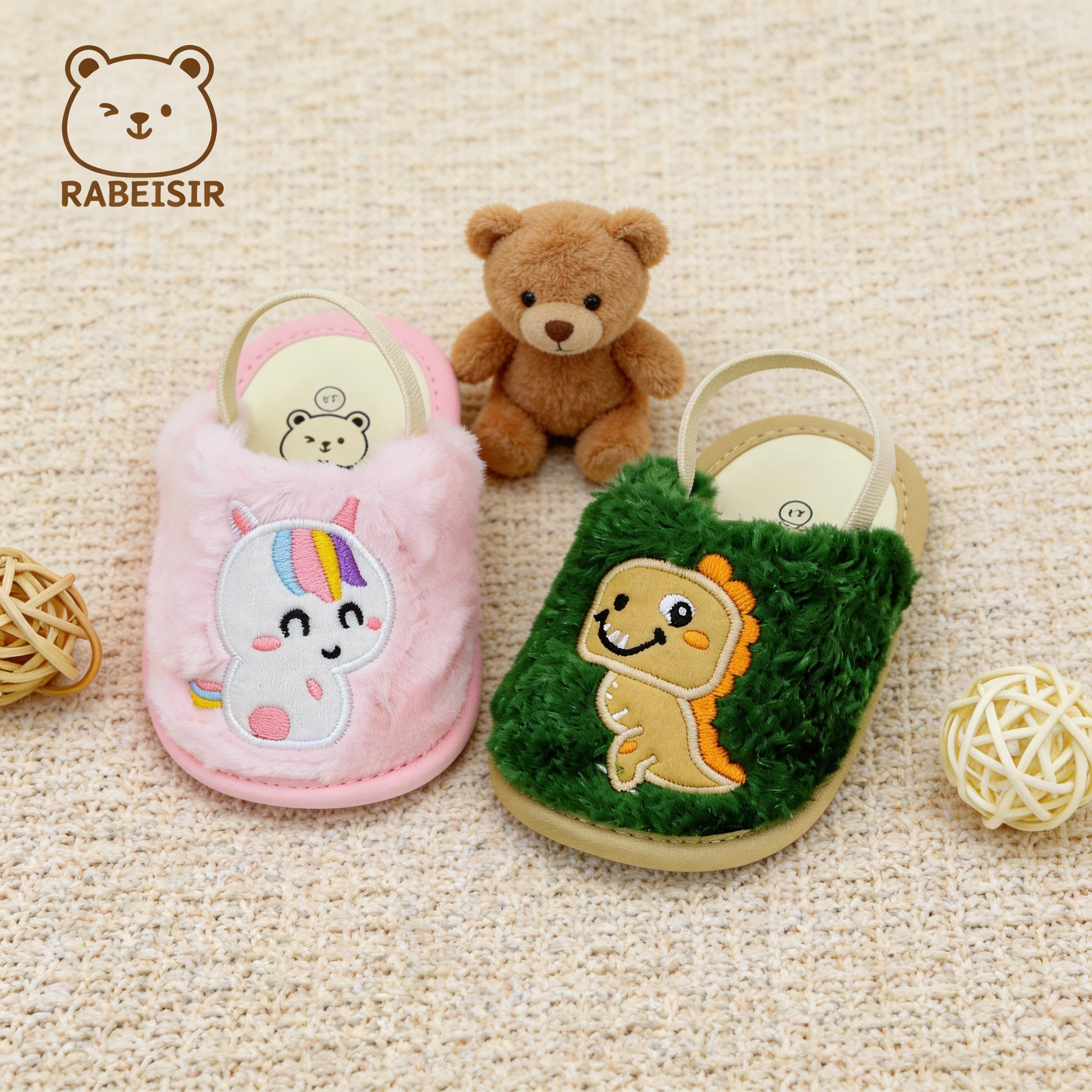 Cartoon Animal Baby Plush Slippers, Cute Unicorn Dinosaur Embroidery, Heel Strap, Lightweight Soft-Soled Baby Walking Shoes