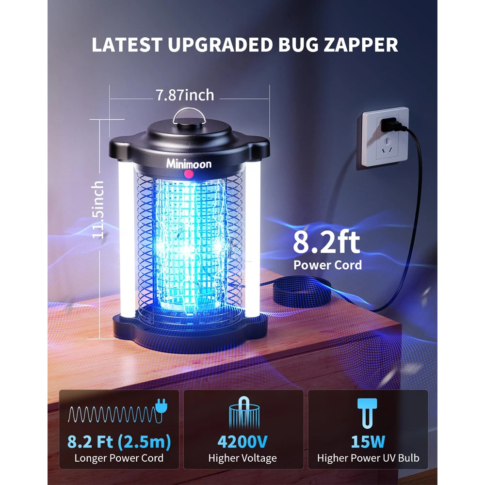 Minimoon Bug Zapper Outdoor Mosquito Zapper with Dual LED Light 4200V Fly Zapper 15W Electric Fly Traps Outdoor IPX4 Insect Trap