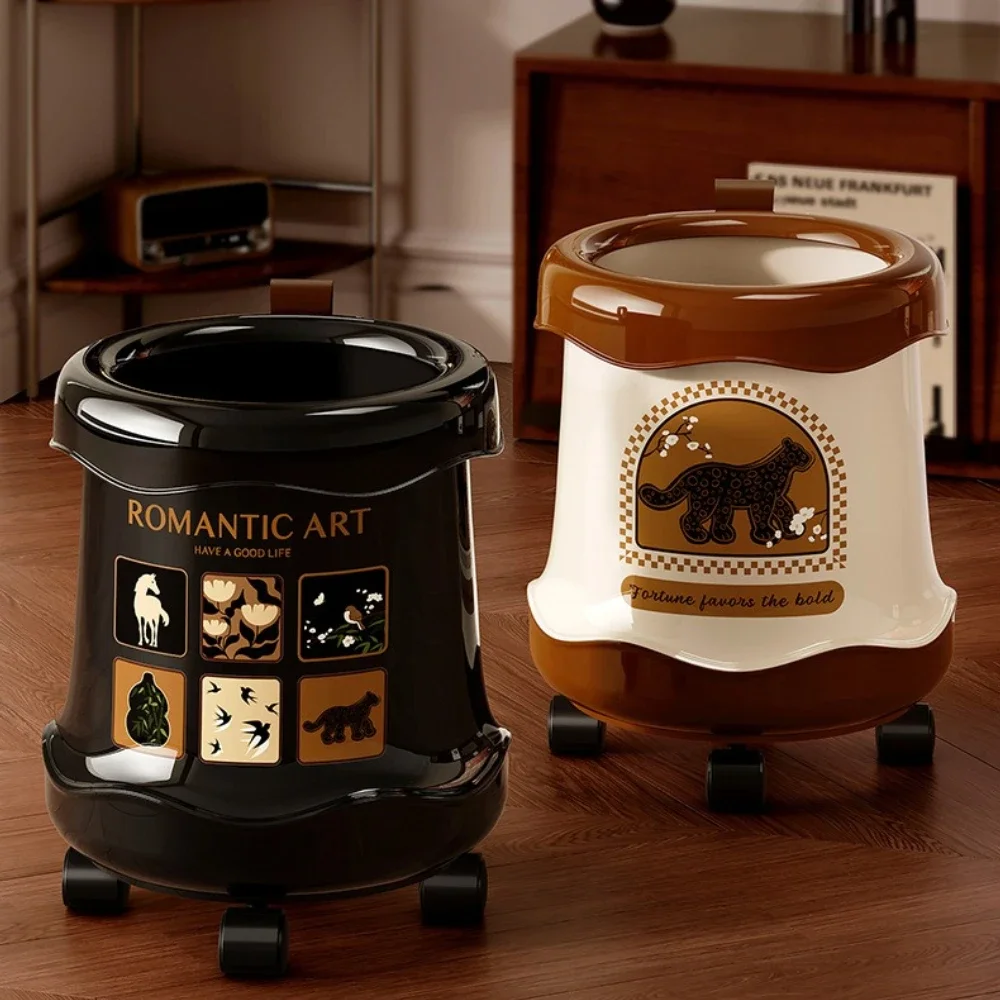 Vintage American Trash Cans 360° Rolling Wheels Animal Print Garbage Bins Movable Wastes Container for Home Bathroom Accessories
