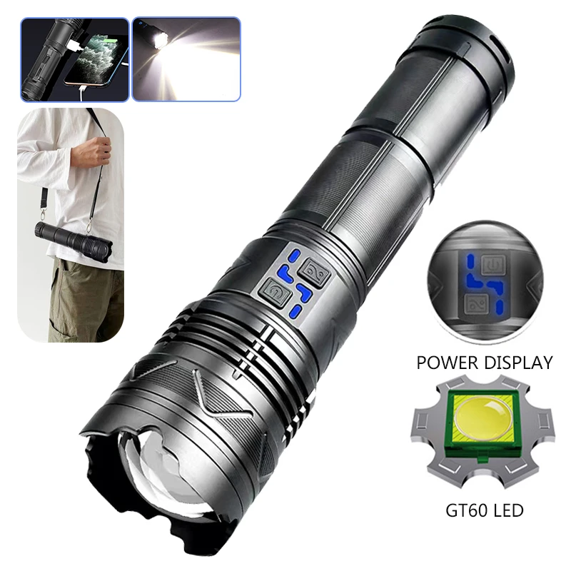 Super Bright 100W GT60 LED Flashlight Long Range 5000m Spotlight Zoomable Emergency Torch Outdoor Searchlight Power Display