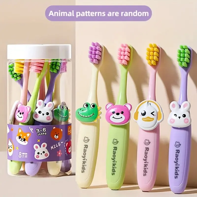 1 Bucket of 8 Cartoon Animal-Patterned Toothbrushes, Soft-Bristle Kids Toothbrushes for 2-3-4-5-6 Year Old Babies and Toddlers, Dental Oral Care, Training Toothbrush, Soft Bristles for Cleaning Teeth and Protecting Gums, Kids Oral Care, Manual Toothbrush, Family Oral Cleaning Tool, Random Patterns, 8-Piece Pack in a Bucket, Multi-Color