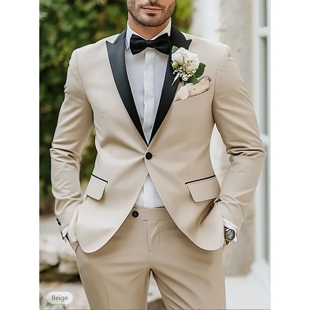 

Men's Wedding Party Suits Beige Groomsmen Suits Fashion Solid Colored Standard Fit 2 Pieces Wedding Tuxedos Costume Homme