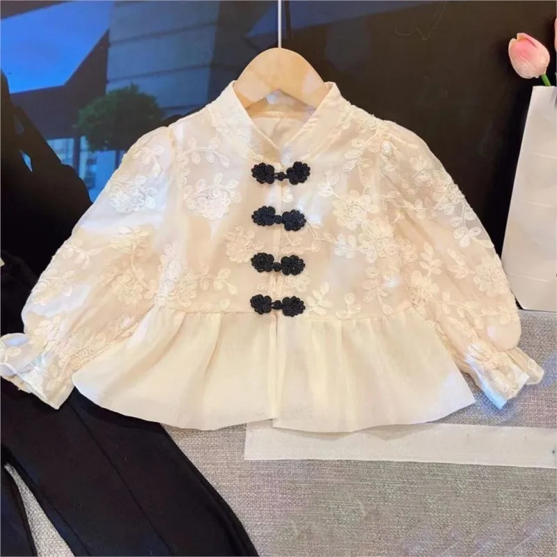 2026 Creative New Kids' Spring Fashion Shirt Girls' Chinese Style Buckle Embroidered Shirt Casual Pants Children's Shirt LJ379