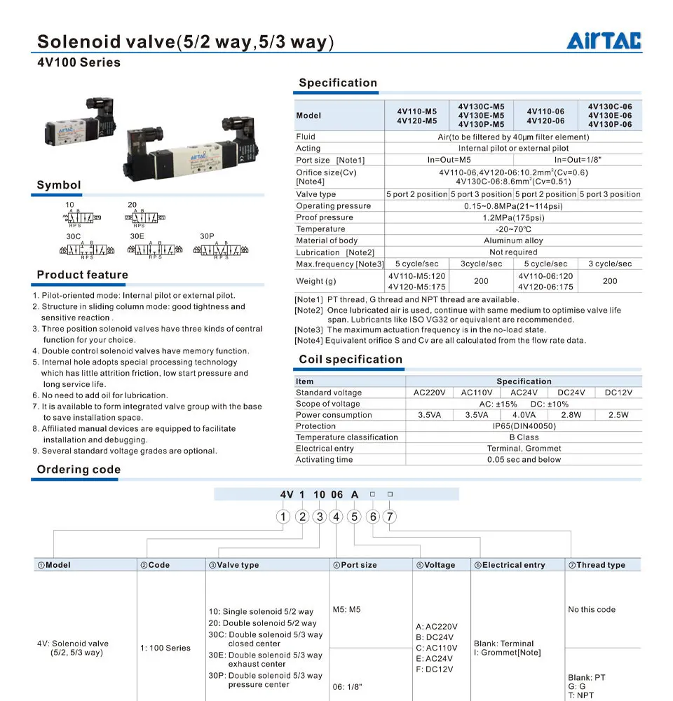 AirTAC 4V130C-06 4V230C-08 4V330C-10 4V430C-15 Magnetventil Luftventil 5-Wege 3-Positionen Umkehrventil 12V 24V 110V 220V – Detail 7