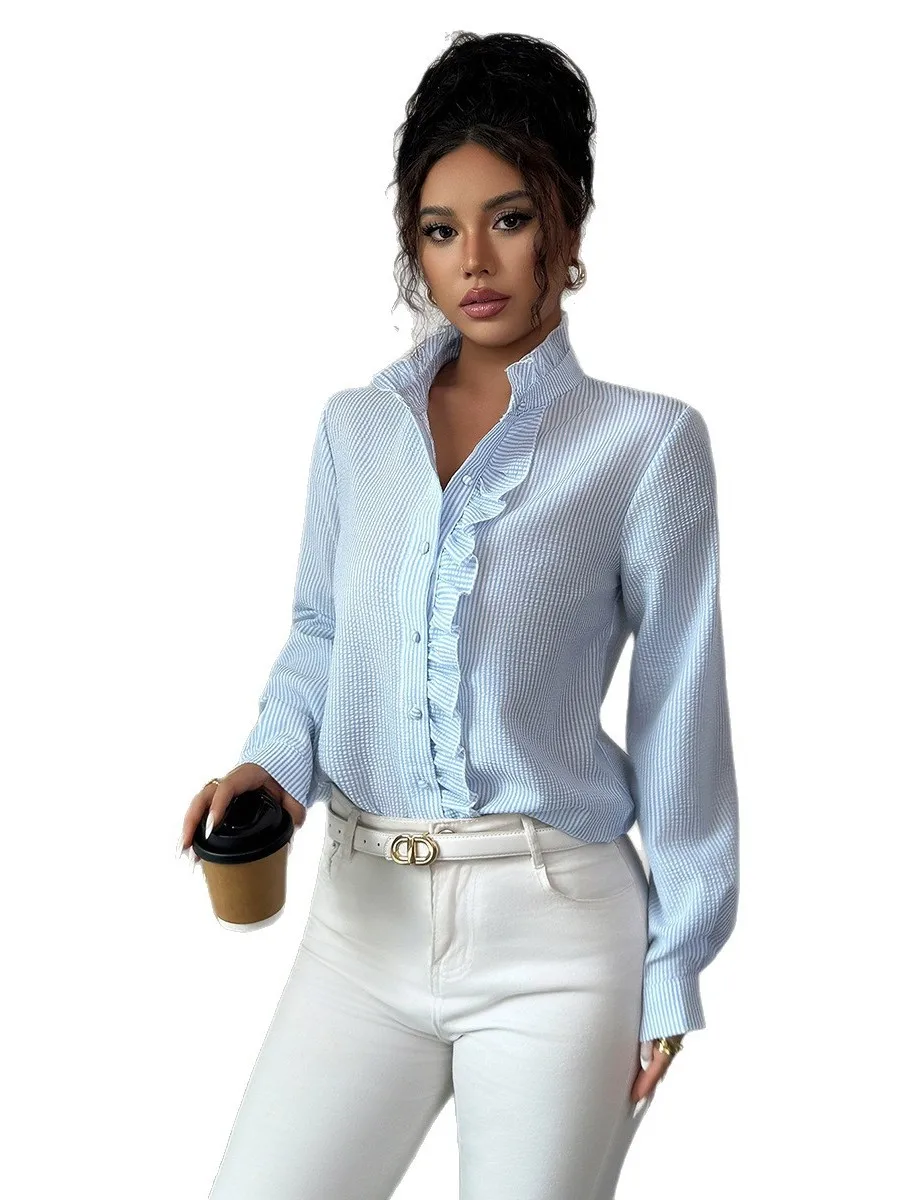 Faionable مخطط طويل Sve المرأة irt الوقوف الياقة Ele Sle عادية الرياح الإنتاج الصيني مجموعة الصيف #5