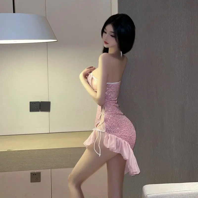 Ezgaga seksowne sukienki damskie nieregularne patchworkowe bez rękawów Ruffles drążą cekiny bandażowa sukienka z rozcięciem eleganckie panie