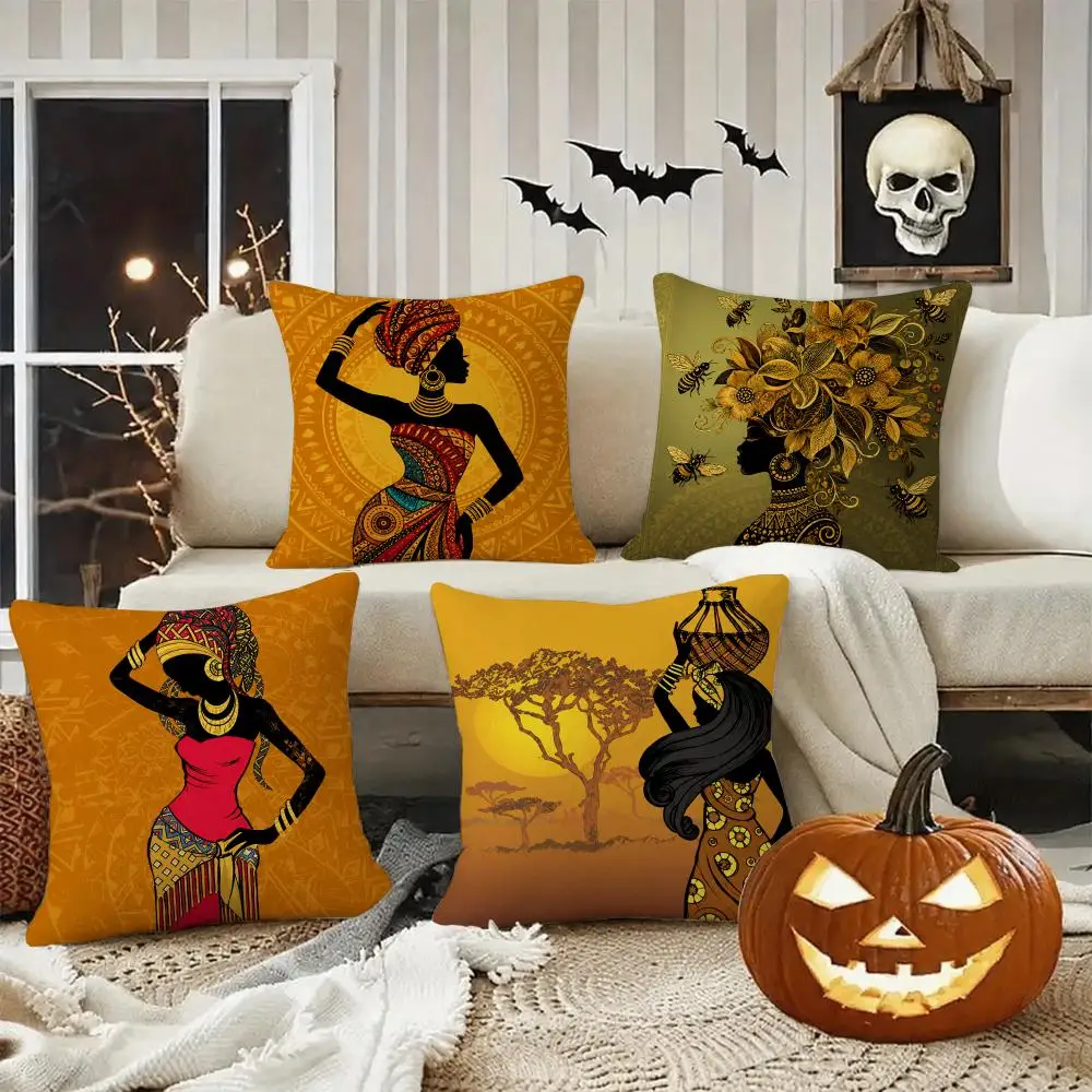 African Woman Boho Decor Cushion Cover Halloween decoration trick or treat cushion cover, ghost, pumpkin head, bat decoration