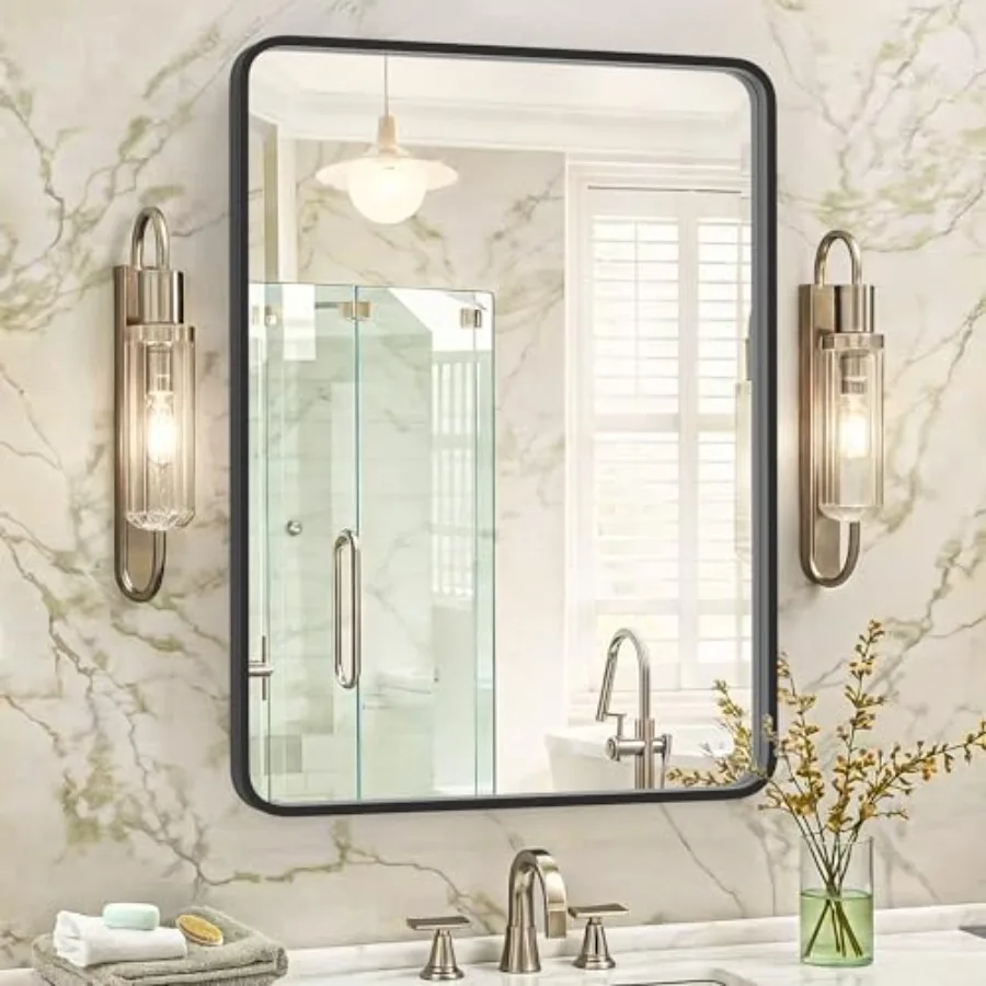 

22x30 Inch Black Wall Mirror for Bathroom Wall Mounted Rectangular Entryways Decor Vanity Mirrors with Stainless Steel Metal Fr