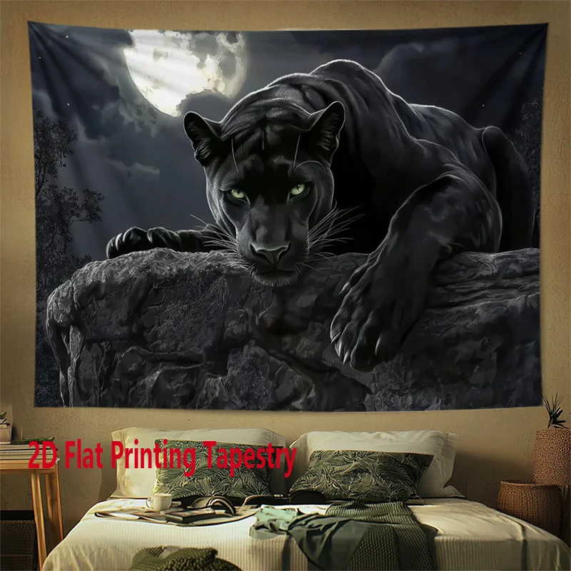 Flat Printing Tapestry Wall Hanging, Black Panther Lying on Rock