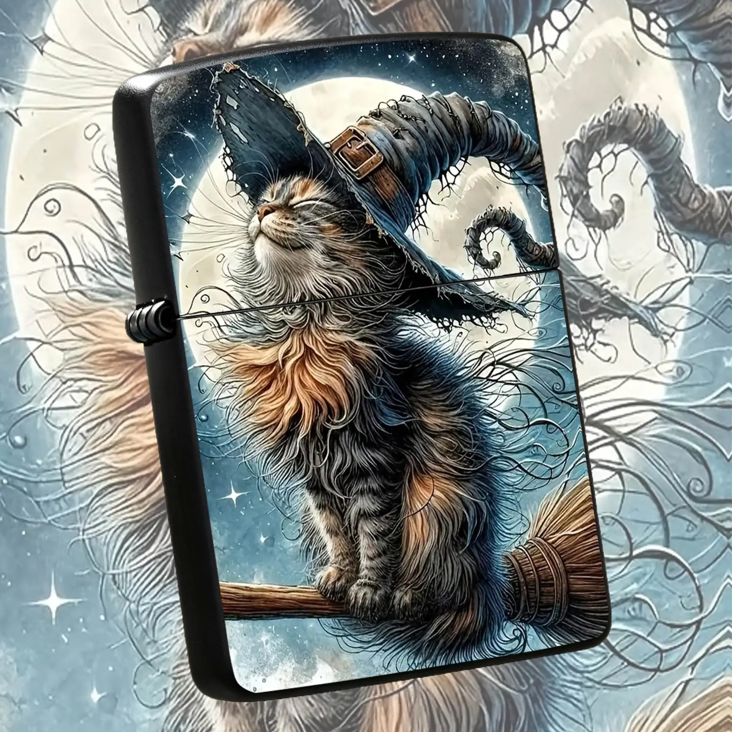 Whimsical Witch Cat Lighter, Magical Full Moon Starry Night Design, Artistic Tortoiseshell Feline on Broom, Unique Creative Portable Accessory for Daily Use, Festive Gifting for Witchcraft Lovers A Humorous And Interesting Lighter