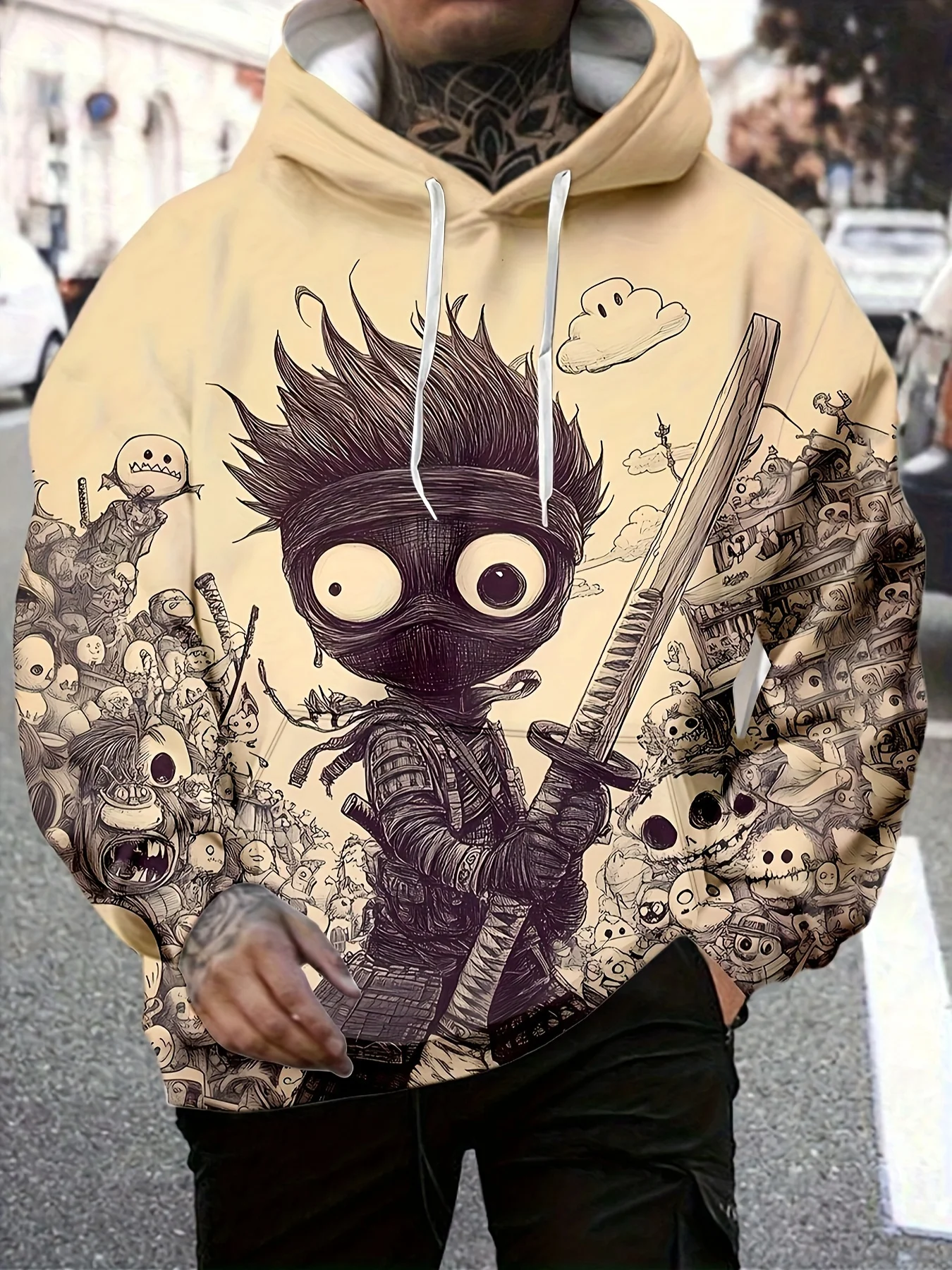 سويت شيرت بغطاء للرأس مطبوع عليه Streetwear Ninja Samurai للرجال، سترة متعددة الاستخدامات بأكمام طويلة لفصل الربيع/الخريف، كاجوال مريح