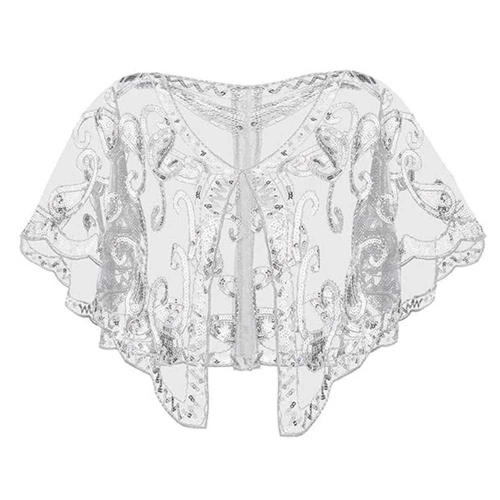 

Retro Sequins Poncho Coat Vintage Style Embroidery Sequins Tassel Shawls Blingbling Sequins Short Cape Flapper Shawl