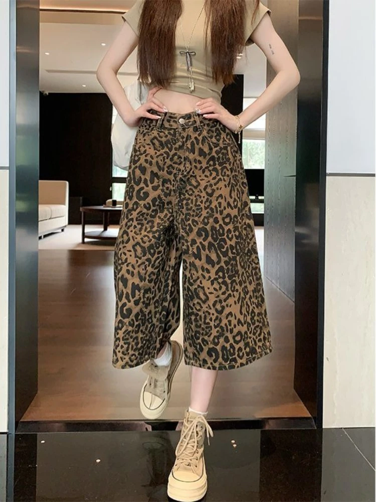 Women's High Waist Leopard Print Denim Shorts Summer Thin Baggy Wide Leg Pants Vintage Streetwear Cropped Trousers