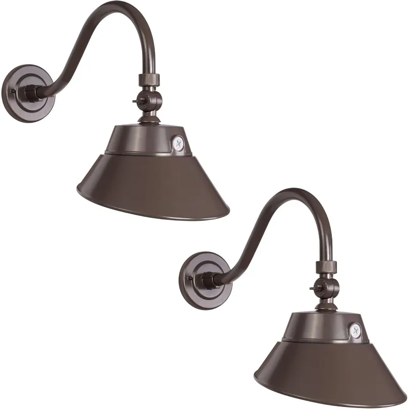 Brown Gooseneck Barn Light Fixture, 10in Diameter. Long Gooseneck Arm, 30K/40K/50K CCT Switching, Dusk to Dawn Photocell