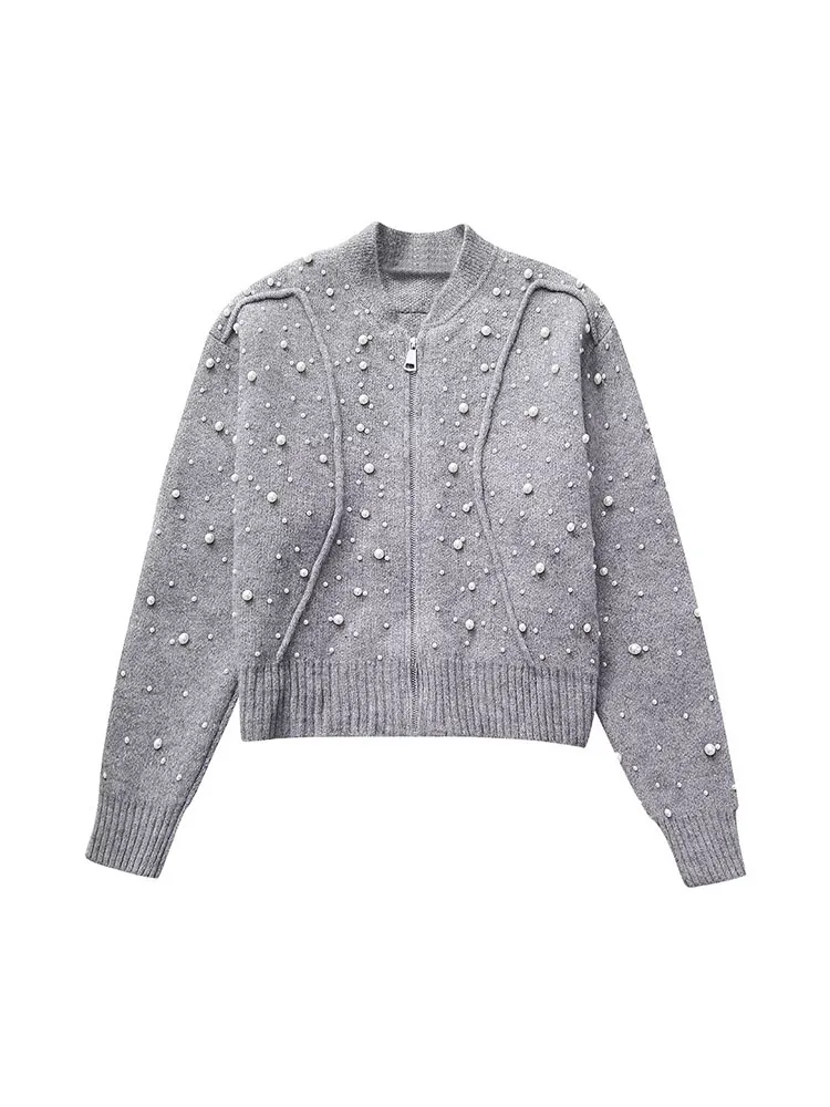 

PB&ZA Women New Fashion Faux Pearl Knitted Bomber Jacket Coat Vintage Long Sleeve All-Match Casual Female Outerwear Chic Tops